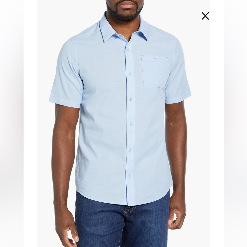 NWT TRAVIS MATHEW size s placid blue short sleeve shirt Studebaker Regular Fit